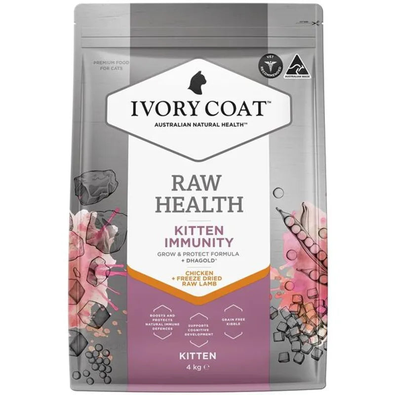 Close-up view of Ivory Coat Raw Health Kitten Immunity kibble with freeze-dried lamb, featuring DHA for brain health and carrot fibre for gut balance.