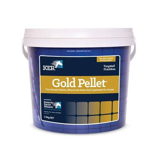 Close-up of KER Gold bucket 3.6kg, a premium vitamin and mineral supplement for horses, featuring essential nutrients for optimal health.