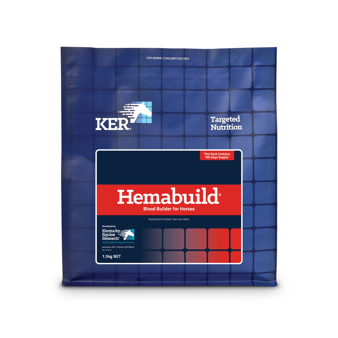 Close-up of the KER Hemabuild Packaging: "KER Hemabuild 1.5kg – Blood Builder Supplement for Horses – Boost Red Blood Cell Production and Improve Coat Health."