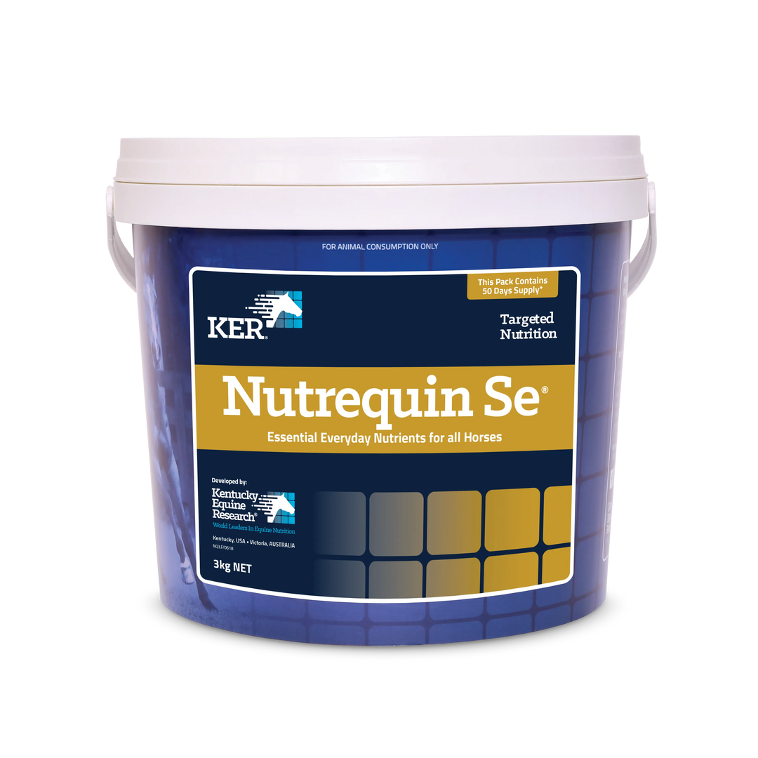 Close-up of the product label: KER Nutrequin Se 3kg - Essential vitamin, mineral, and amino acid supplement for horses.