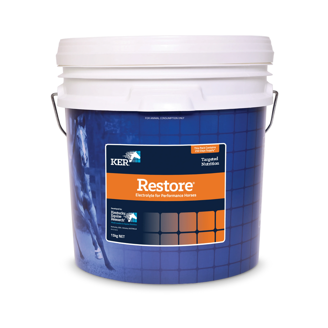 Front view of KER Restore 15kg bag – A 15kg bucket of KER Restore, the perfect electrolyte supplement for performance horses, designed to replenish lost minerals and support rehydration.