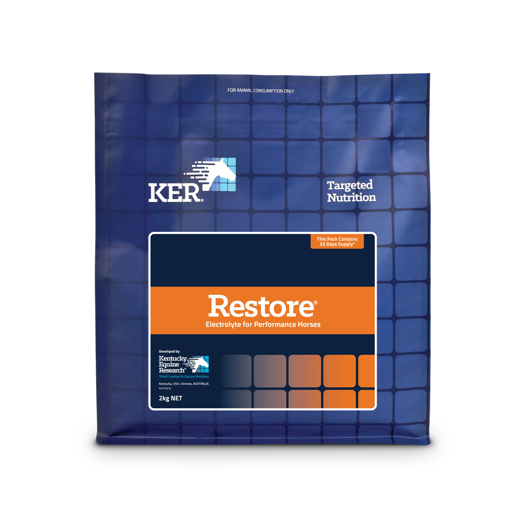 Front view of KER Restore 2kg bag – A 2kg bucket of KER Restore, the electrolyte supplement designed to replenish minerals lost during sweating, ideal for horses in training or light competition.