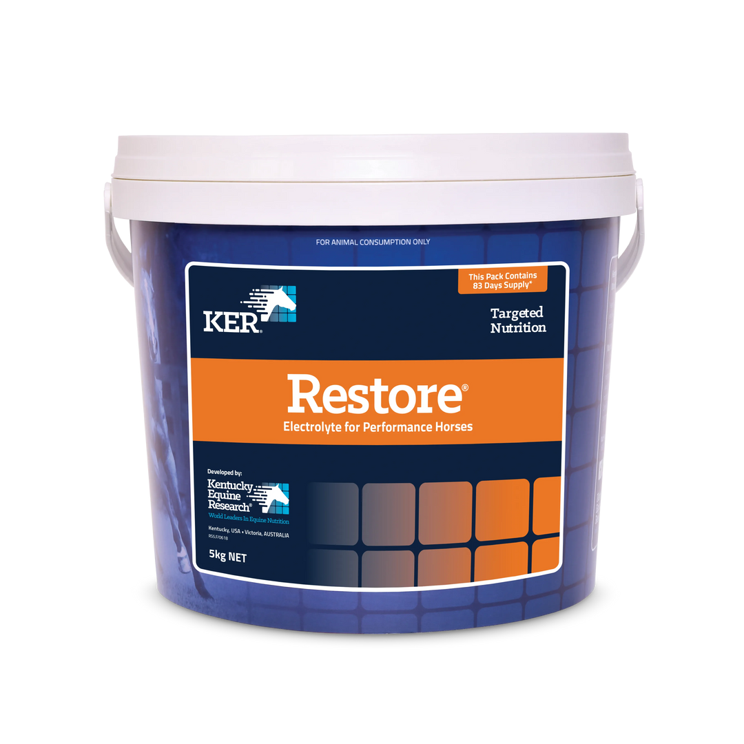 Front view of KER Restore 5kg bucket – A 5kg bag of KER Restore, the essential electrolyte supplement for horses that replenishes minerals lost during exercise and promotes rehydration.