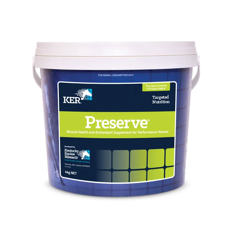 Product Packaging of KER Preserve 4kg: KER Preserve 4kg tub, an antioxidant supplement for working horses, supporting muscle health and reducing free radical damage.