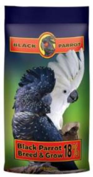 Front view of the product packaging:
"Laucke Black Parrot Breed & Grow 18% 20kg bag – premium bird food for breeding and growing birds."