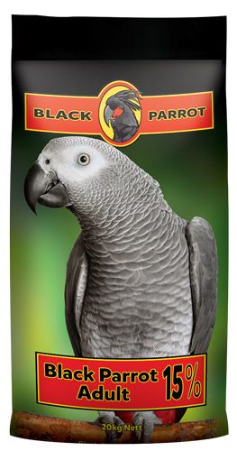 Bag of Product: LAUCKE Black Parrot Adult 15% 20kg bag with bold packaging, providing high-quality nutrition for adult parrots.