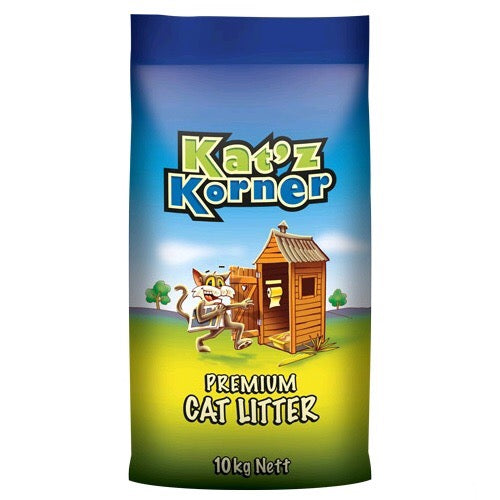 Laucke Katz Corner Cat Litter packaging with granular texture for reduced tracking and superior odor control.