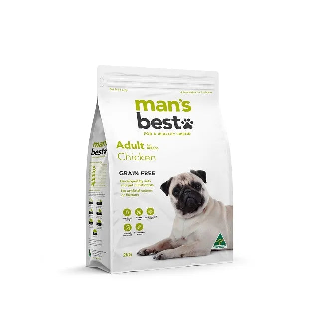 Close-up view of Man's Best Adult Chicken Dog Food kibble in 2kg size, showing high-quality, grain-free texture.