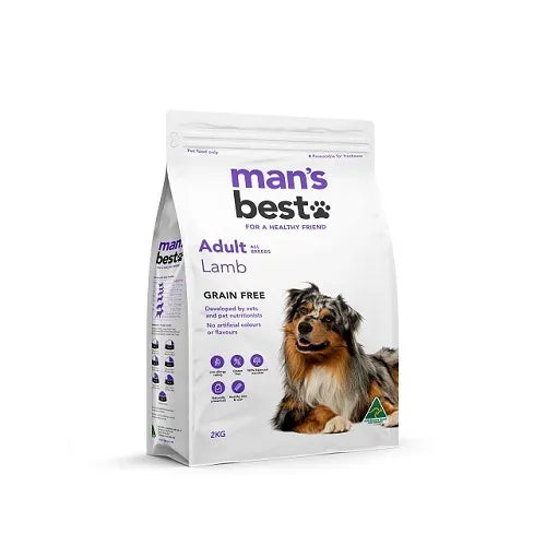 Close-up image of Man’s Best Adult Lamb Dog Food, 2kg, highlighting the grain-free, vet-developed label with real Australian lamb.