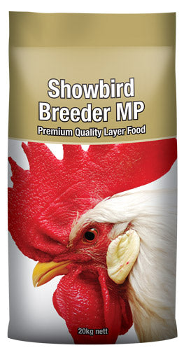 Bag of Laucke Showbird Breeder MP 20kg premium layer feed for poultry, featuring micro pellets for easy consumption by small birds.