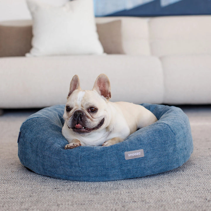  A small dog curled up in the Snooza Panelled Cuddler, demonstrating its deep sleeping area and soft bolsters for a calming experience.