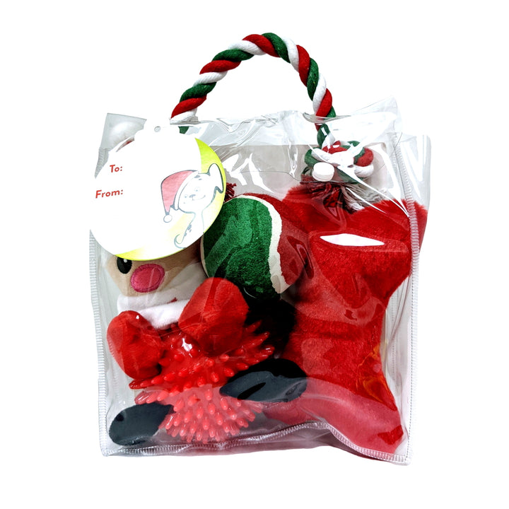 Prestige Pet Christmas Gift Pack - 4 Piece: Santa Spiky Ball, Plush Bone, Tennis Ball, Cotton Rope