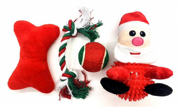 Prestige Pet Christmas Gift Pack - 4 Piece: Santa Spiky Ball, Plush Bone, Tennis Ball, Cotton Rope