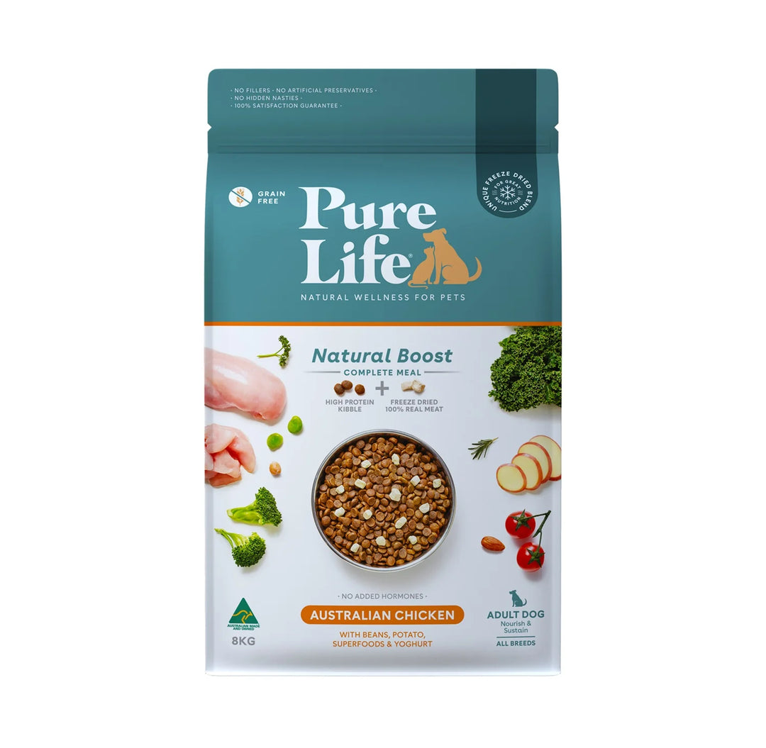 Pure Life Grain-Free Adult Dog Food – Front View of 8kg Packaging with Australian Chicken and Superfoods