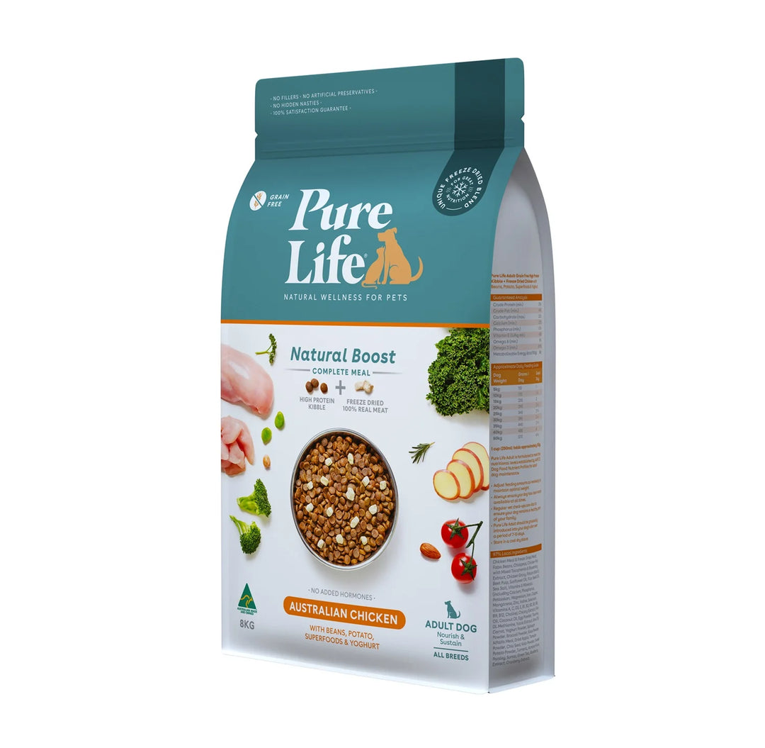 Pure Life Grain-Free Adult Dog Food – Side Angle of 8kg Bag Showing Premium Ingredients