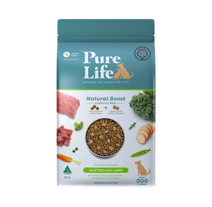 Front view of Pure Life Grain-Free Adult Dog Food packaging featuring Australian Lamb and Superfoods.