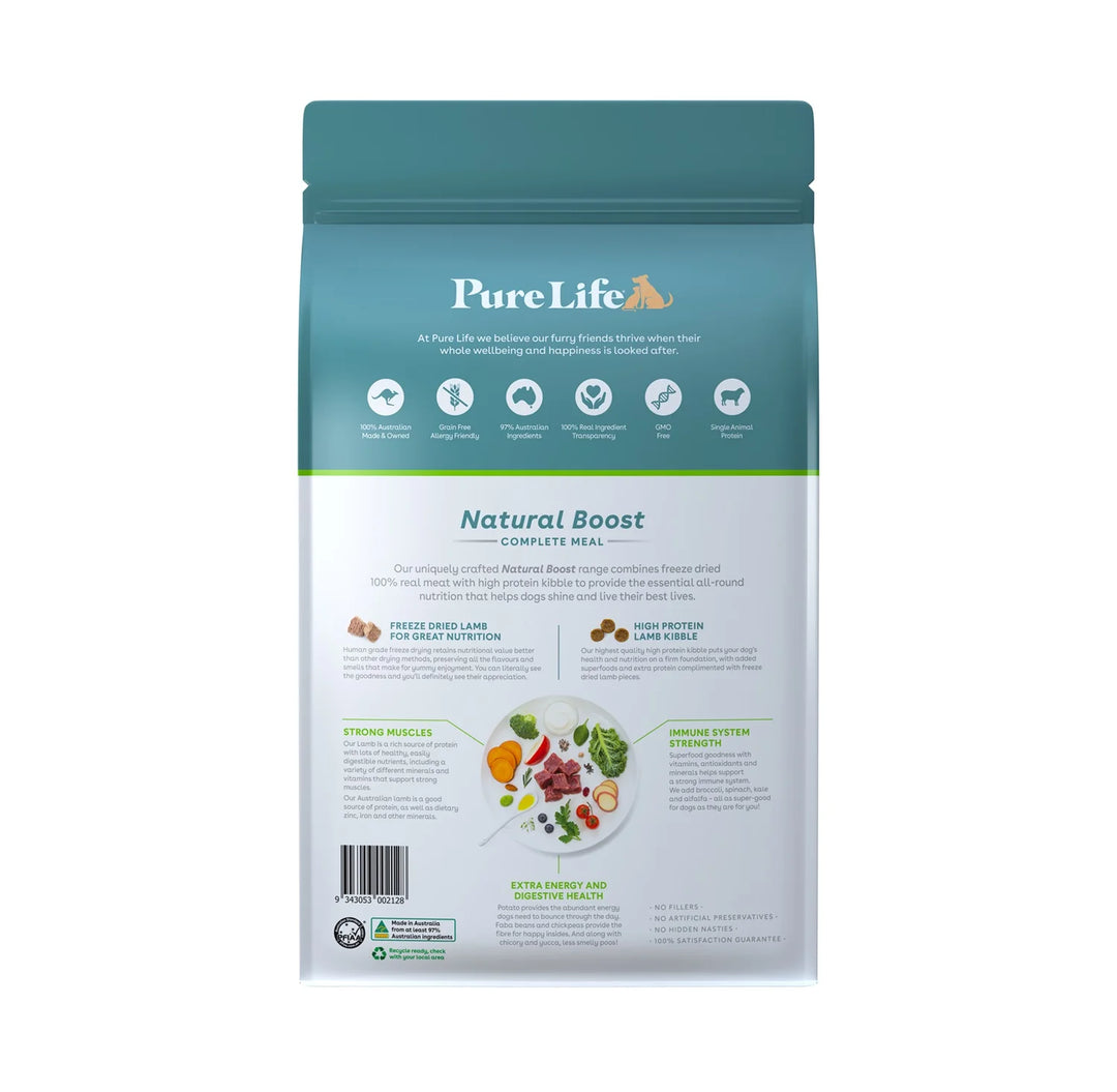 Back of Pure Life Grain-Free Adult Dog Food packaging with detailed nutritional information and ingredient list.