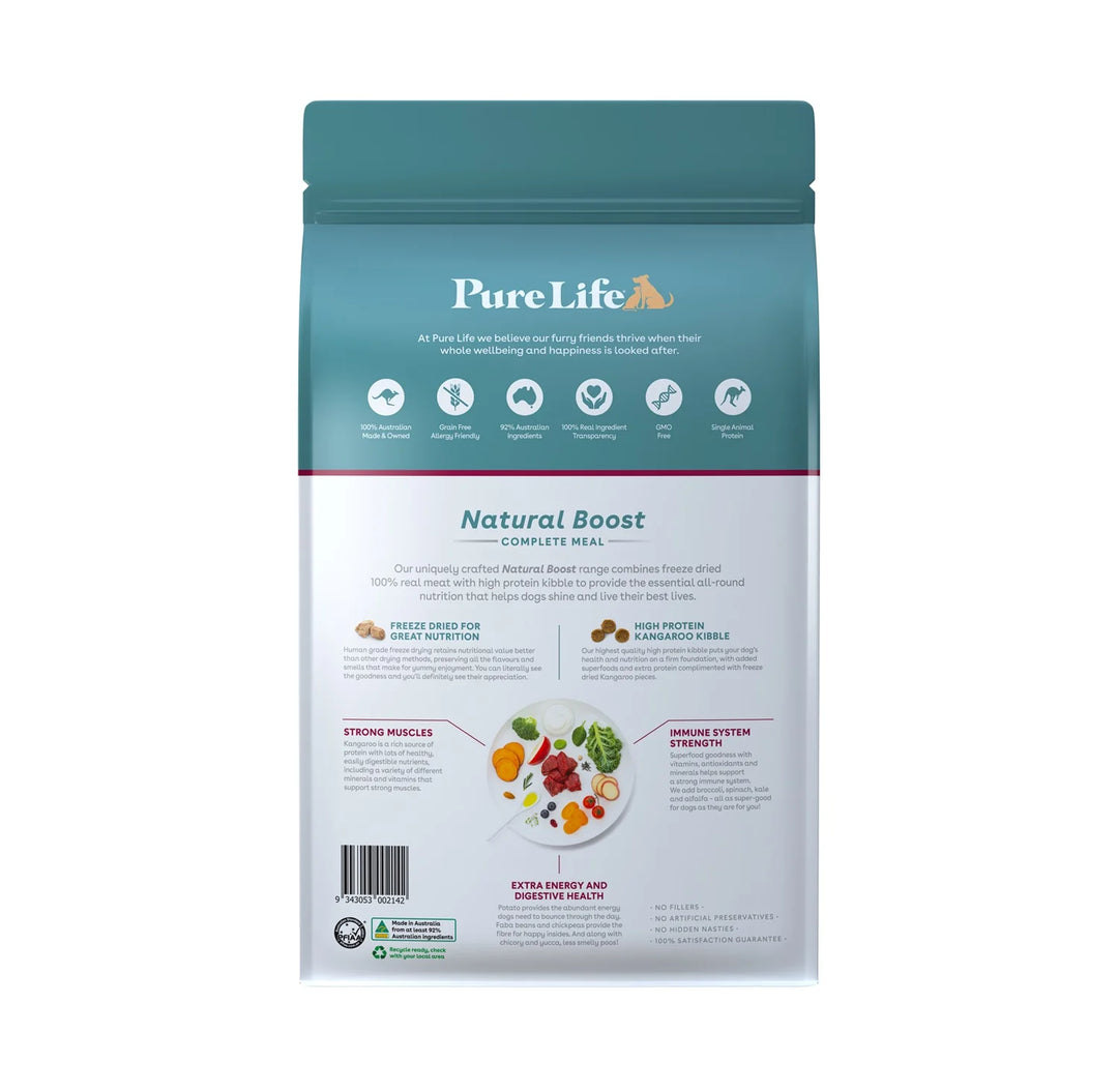 Pure Life Grain-Free Adult Dog Food Outback Kangaroo Recipe – Back Packaging Showing Feeding Guidelines and Complete Ingredients List