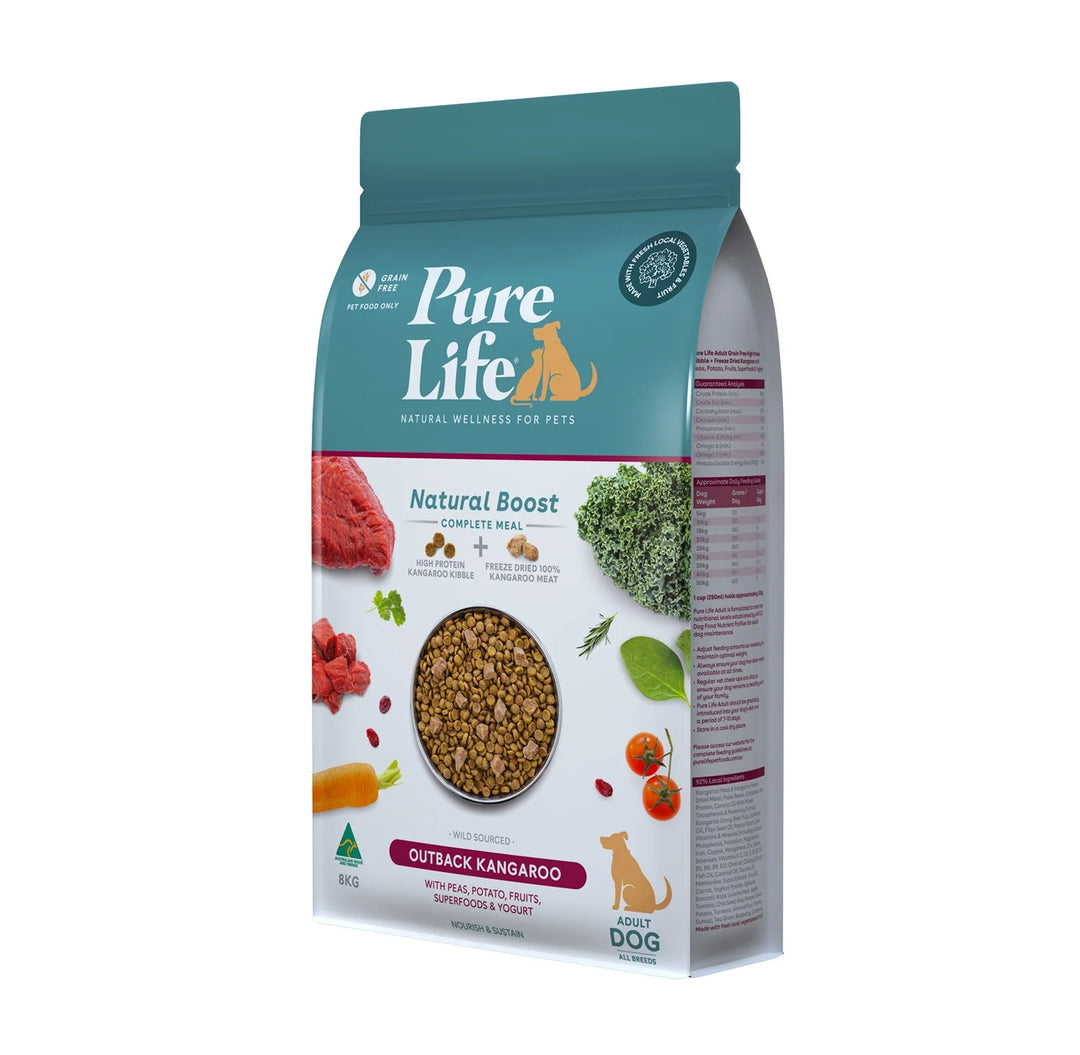 Pure Life Grain-Free Adult Dog Food Outback Kangaroo Recipe – Detailed Side Packaging with Ingredient Breakdown and Benefits