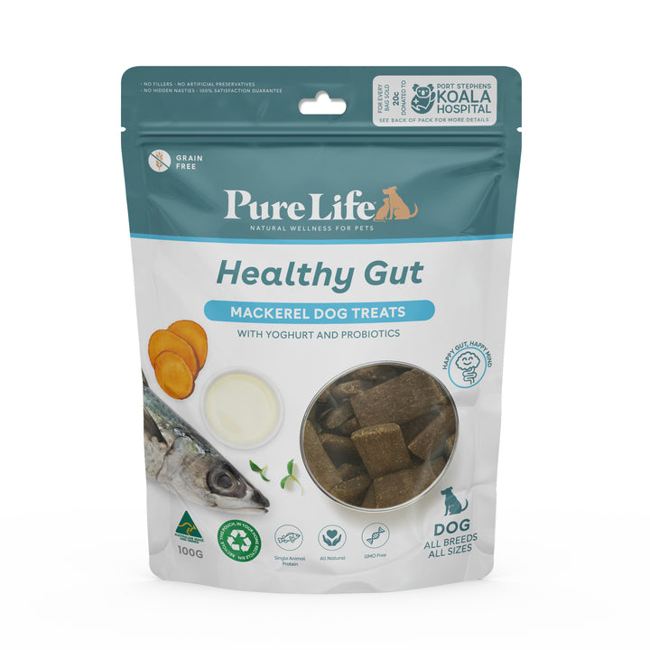 Pure Life Healthy Gut Dog Treats Front Packaging – Digestive Support, Omega-3, and Probiotics for Dogs