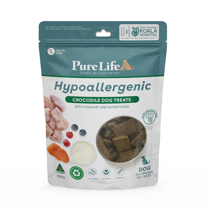 Front view of Pure Life Hypoallergenic Dog Treats, showcasing crocodile, kangaroo, and yogurt blend.