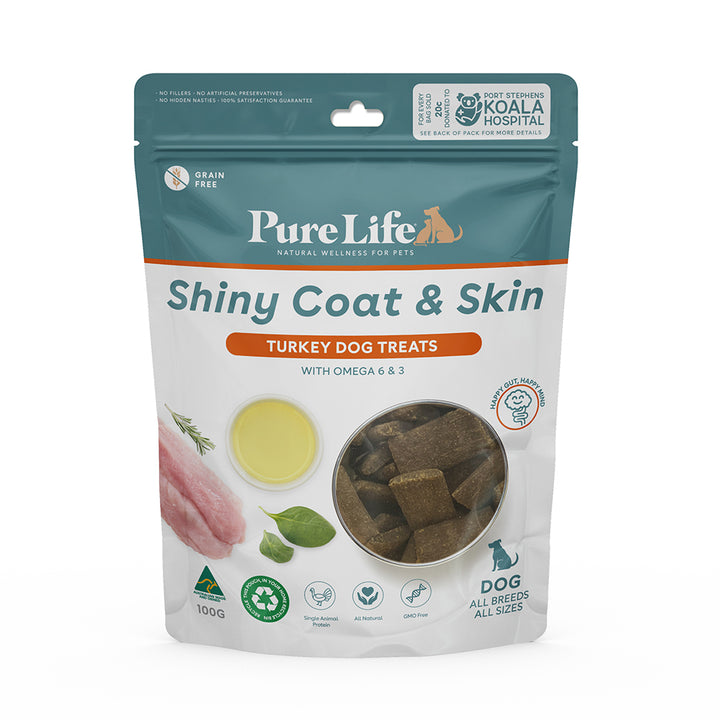 Pure Life – Shiny Coat & Skin Dog Treats 100g front packaging, highlighting key benefits like shiny coat support and natural ingredients.