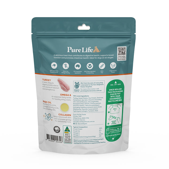  Detailed view of the back packaging of Pure Life – Shiny Coat & Skin Dog Treats 100g, showcasing ingredients, nutritional information, and feeding guidelines.