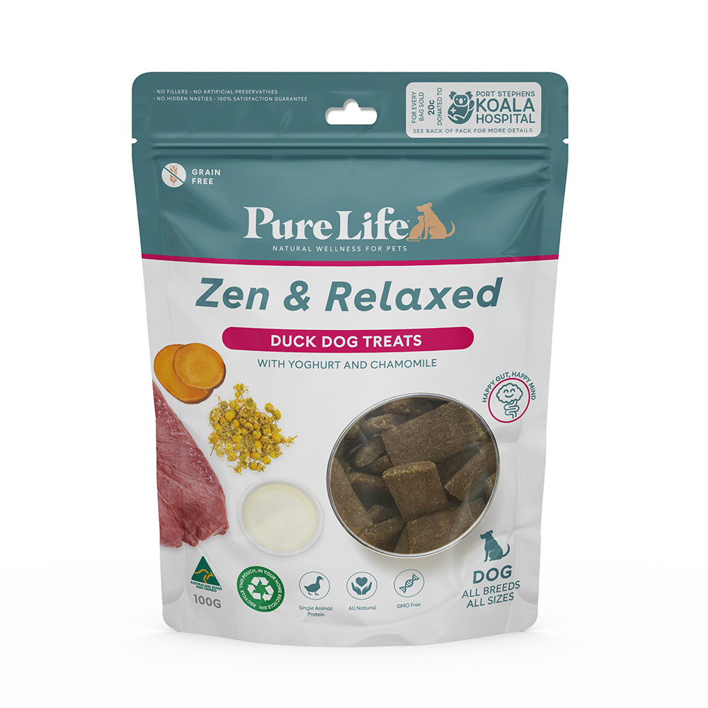 Front view of Pure Life Zen & Relaxed Dog Treats packaging, showcasing the product's benefits for stress relief, anxiety reduction, and mood support in dogs. Made with duck, chamomile, and L-Tryptophan for a calm and healthy pet.