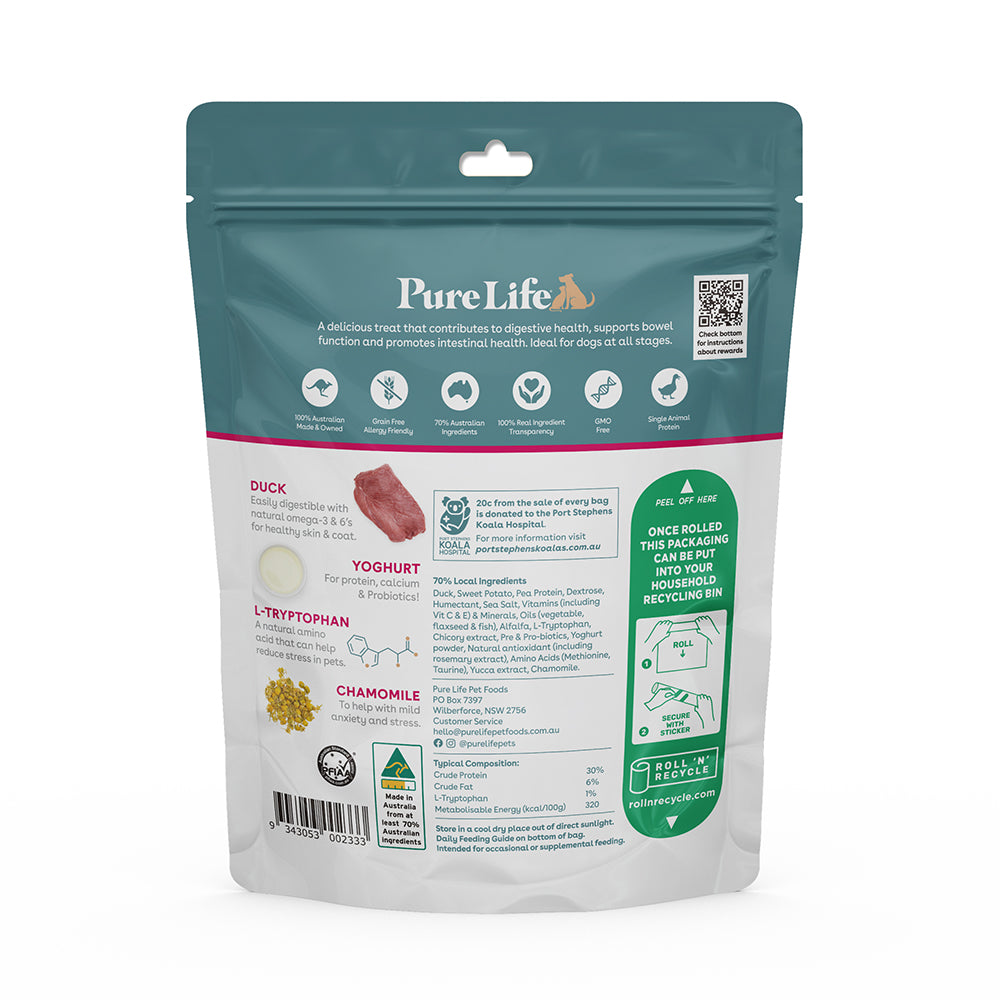 Detailed view of the back of Pure Life Zen & Relaxed Dog Treats packaging, highlighting the nutritional information, ingredients like duck, chamomile, and probiotics, and benefits for reducing anxiety and improving overall well-being in dogs.