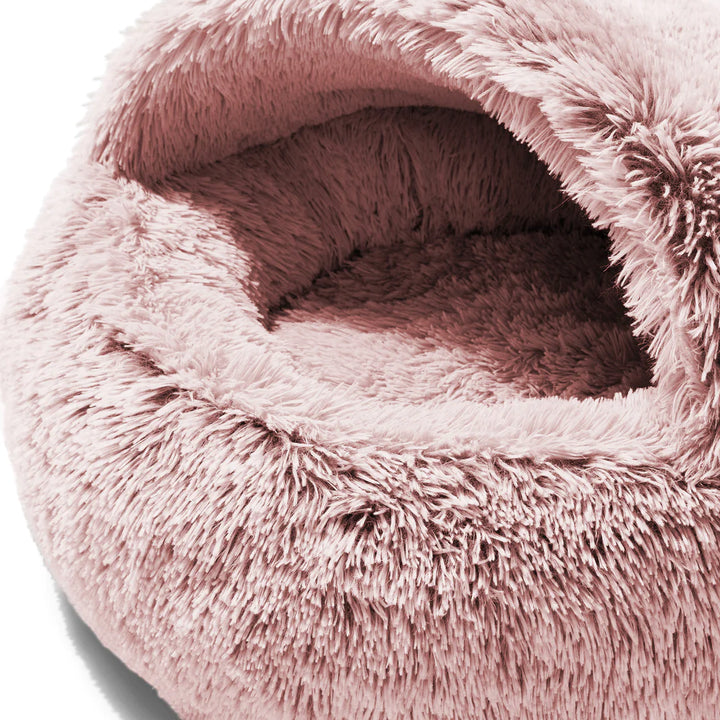 Close-up of the luxurious long pile faux-fur material of the Snooza Calming Hoodie Cuddler – Bliss