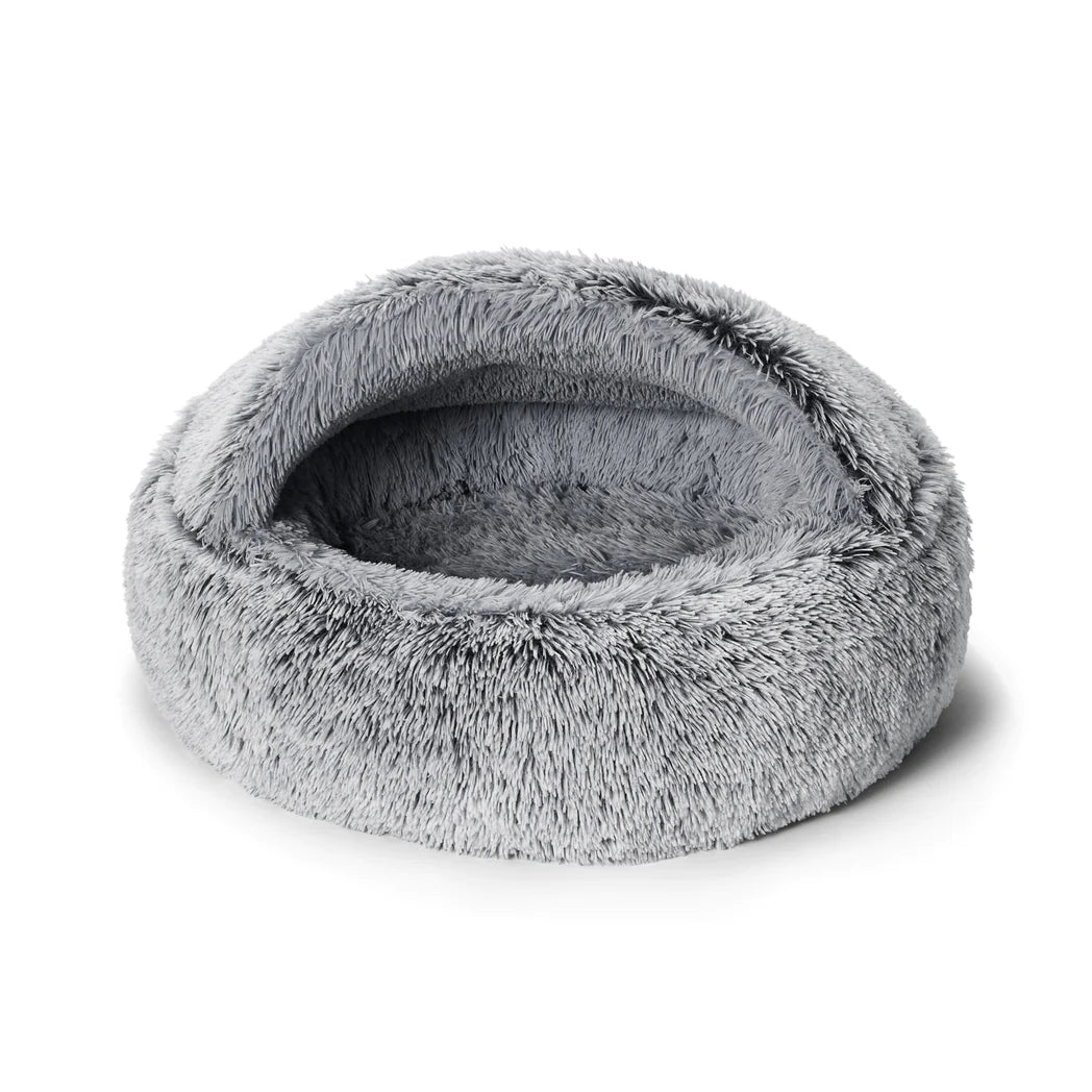 Snooza Calming Hoodie Cuddler Dog Bed in Silver Fox with hooded cover and luxurious faux-fur