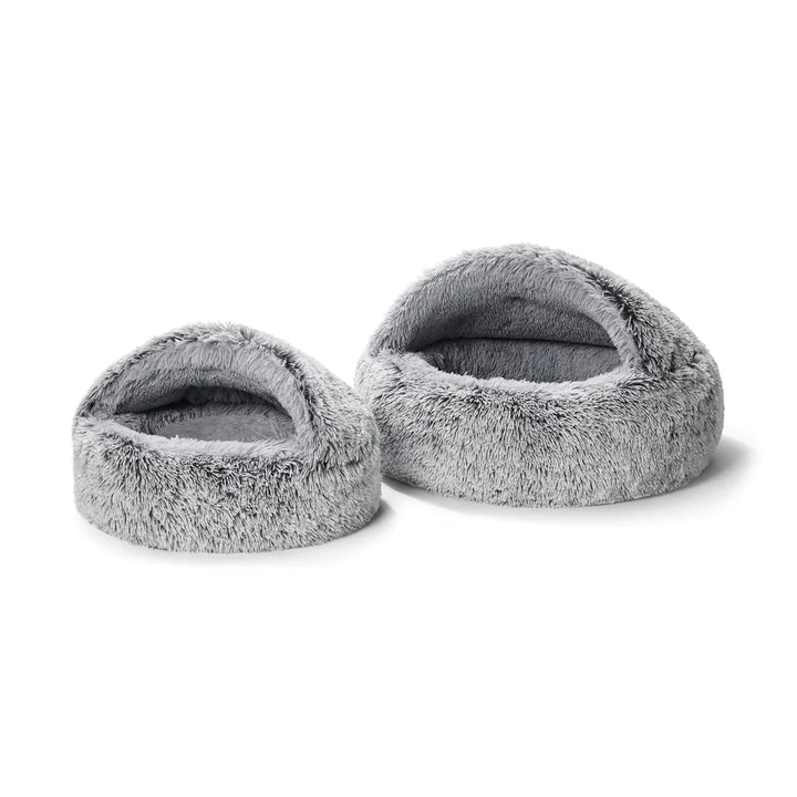 Snooza Calming Hoodie Cuddler Dog Beds in Silver Fox, displayed in various sizes next to each other for comparison