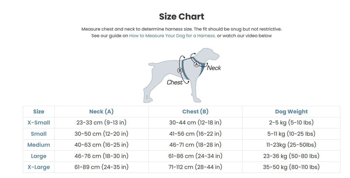 Size chart for Kurgo Enhanced Strength Tru-Fit Dog Car Harness showing measurements for proper fit.