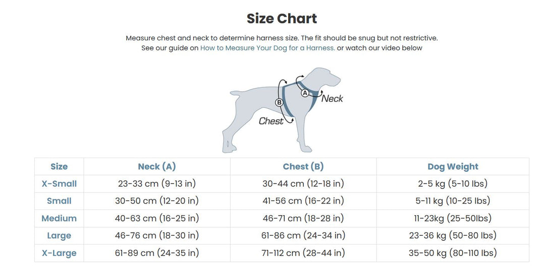 ize chart for Kurgo Journey Air Dog Harness, providing measurements for proper fit.