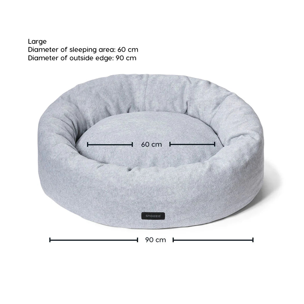  The large-sized Snooza Self-Warming Polar Fleece Cuddler bed in Glacier grey, featuring labeled dimensions on a white background.