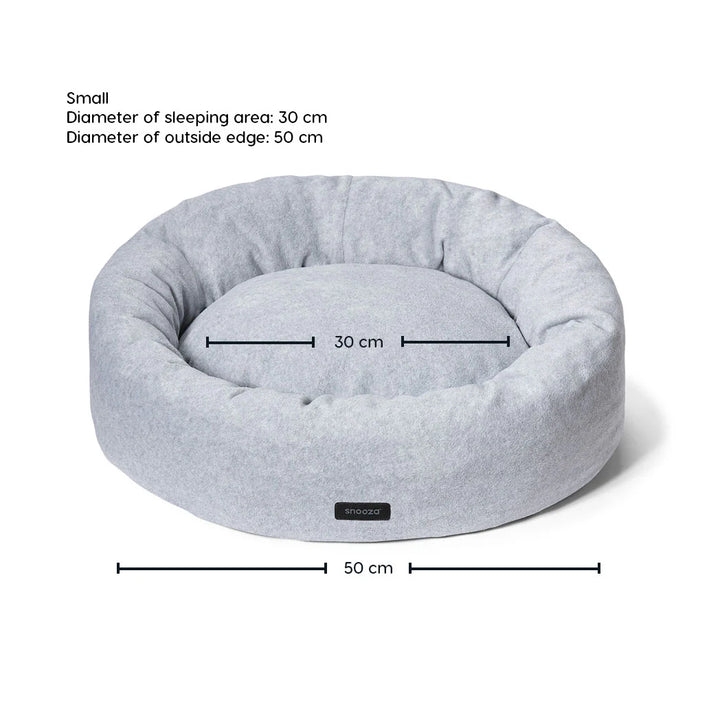  The small-sized Snooza Self-Warming Polar Fleece Cuddler bed in Glacier grey, with clearly marked dimensions shown on a white background.