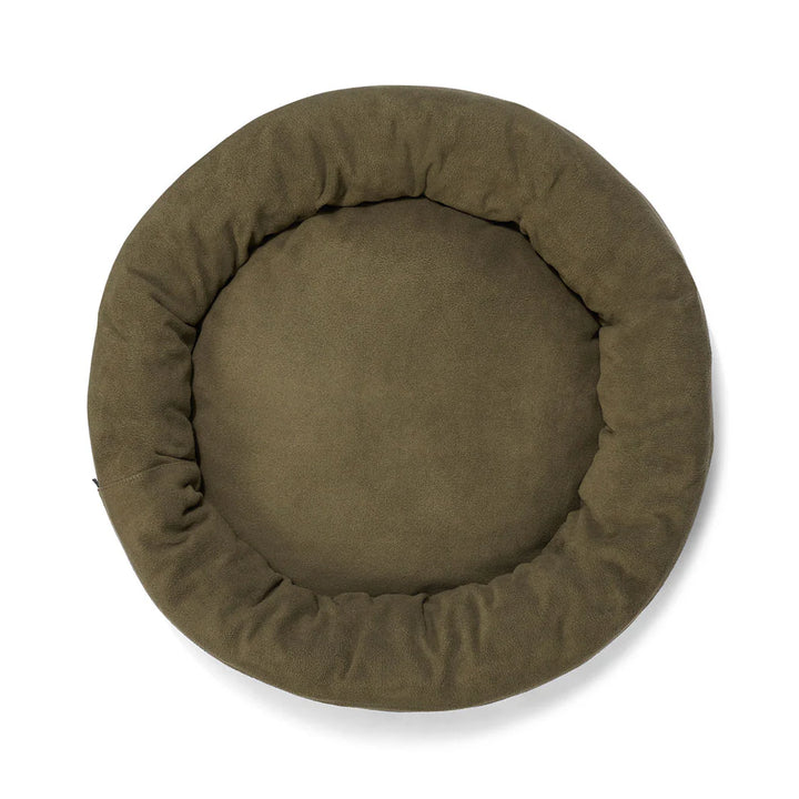 Sky view of the Snooza Self-Warming Polar Fleece Cuddler in Olive, showcasing the bed's circular shape and plush inner cushion.