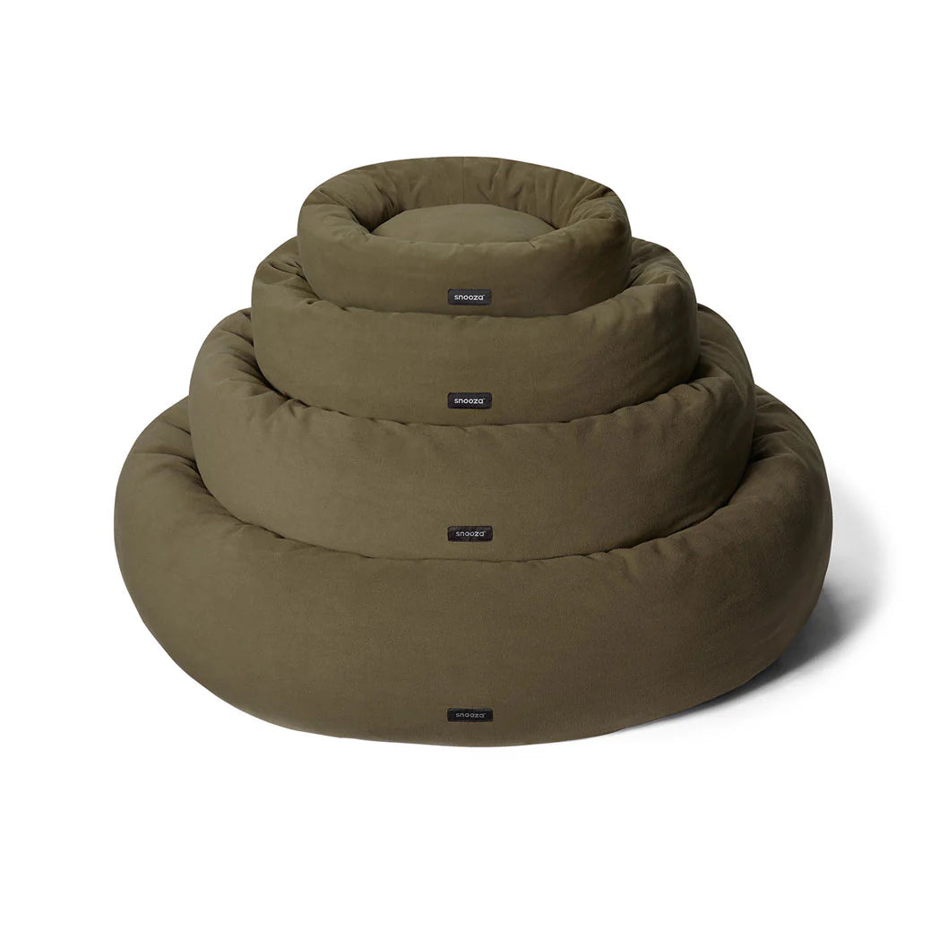 All sizes of the Snooza Self-Warming Polar Fleece Cuddler in Olive stacked together on a white background.