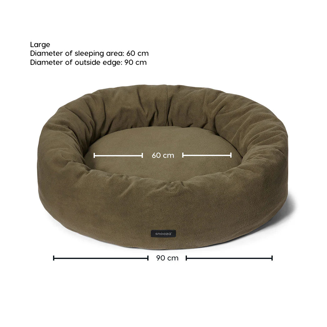 Large size Snooza Self-Warming Polar Fleece Cuddler in Olive, dimensions displayed.