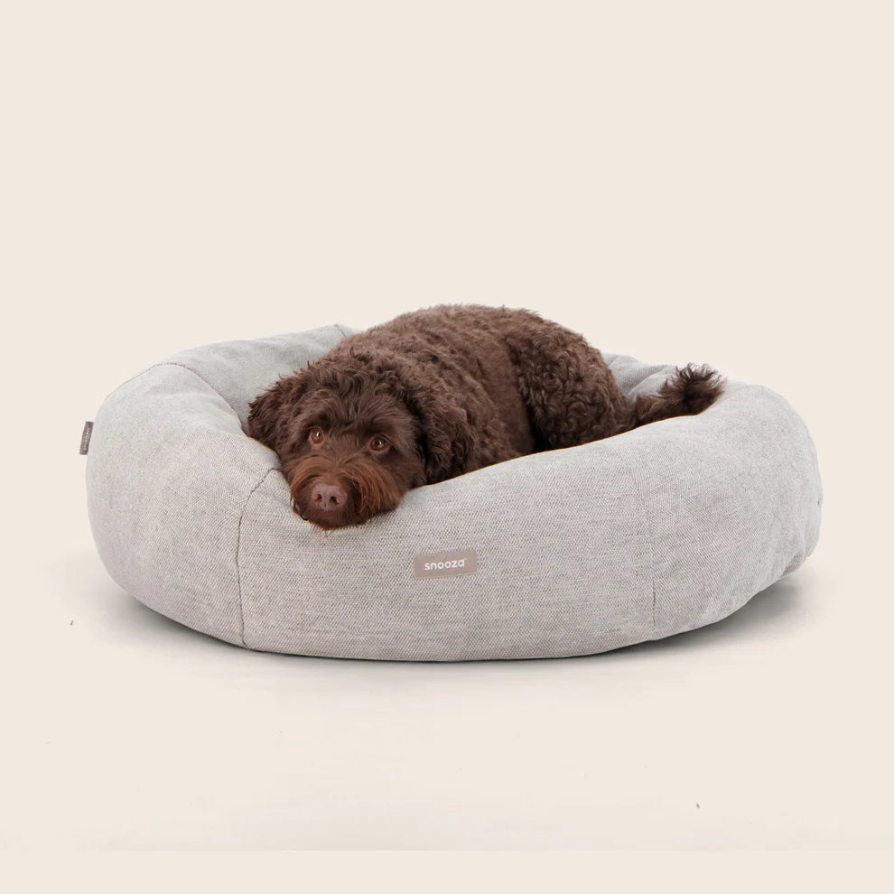 Medium Dog resting in the Snooza Modern Panelled Cuddler Bed – Pebble – Cozy, calming, and secure design for ultimate relaxation.