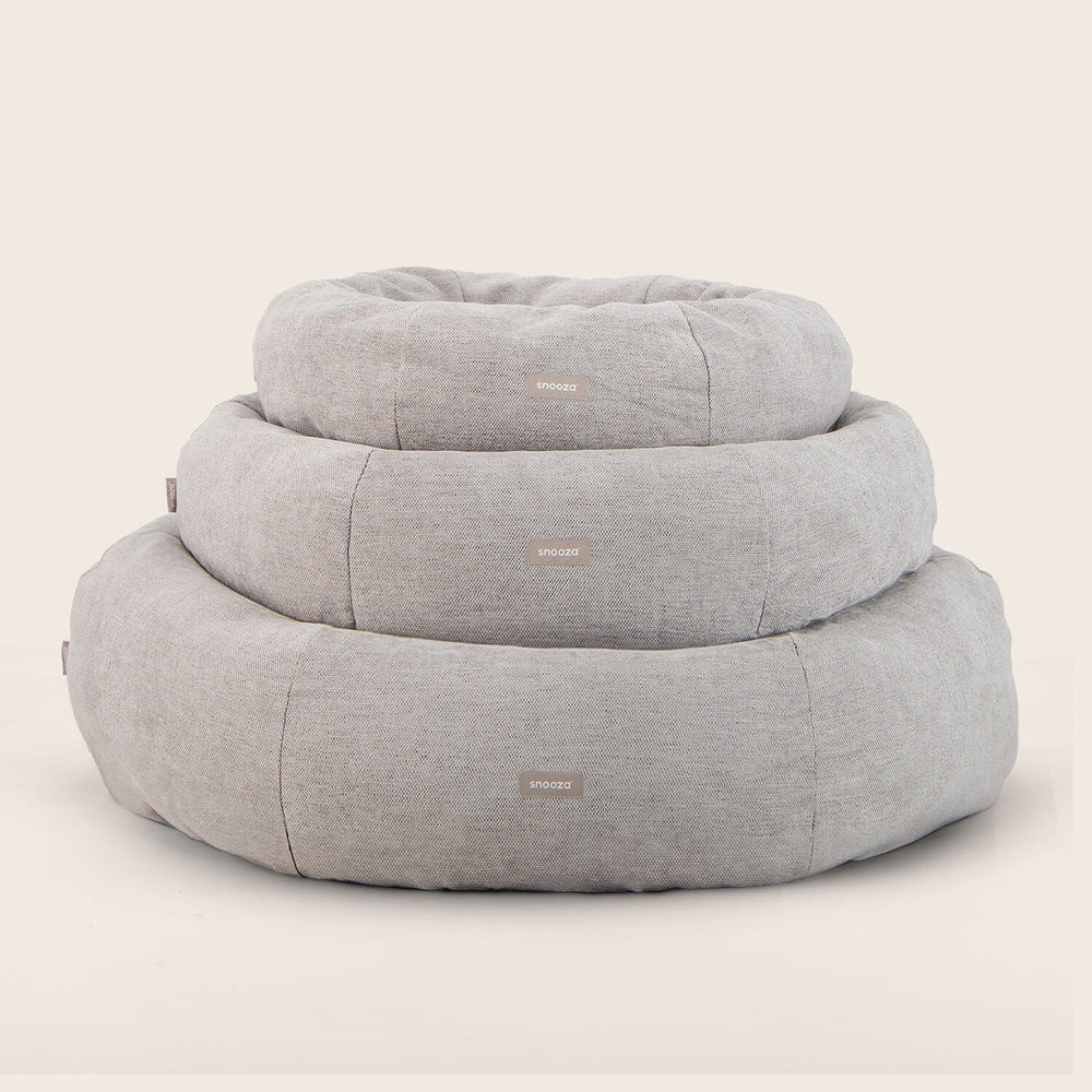 Snooza Panelled Cuddler Dog Beds in Pebble stacked in all sizes – front view showcasing structured panel design and soft plush fabric.