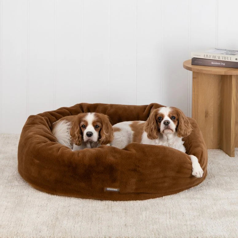 Content dogs resting in the Nutmeg-colored Snooza Luxe Fur Cuddler, illustrating the bed's comfort and appeal for pets.