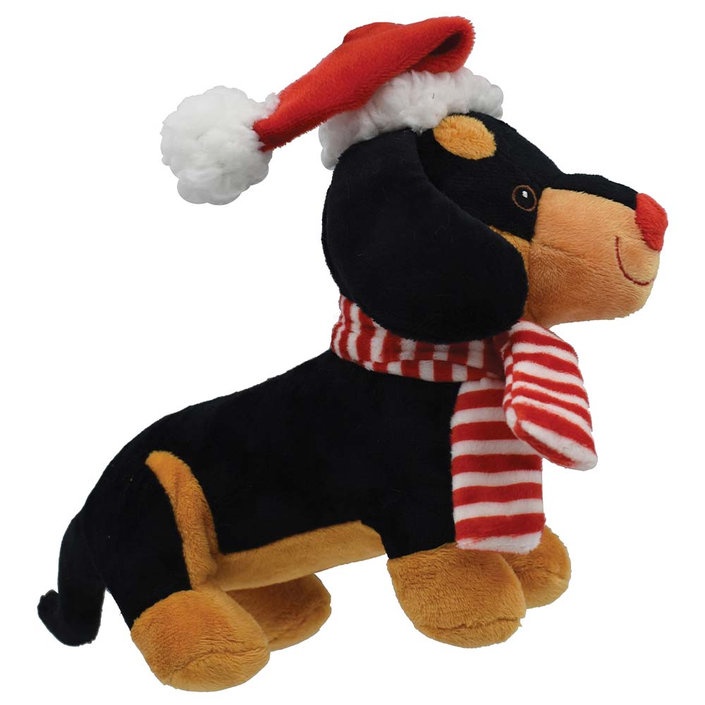 Snuggle Pals Christmas Holiday Dachshund Plush Toy - Adorable pet toy with Santa hat for festive fun.