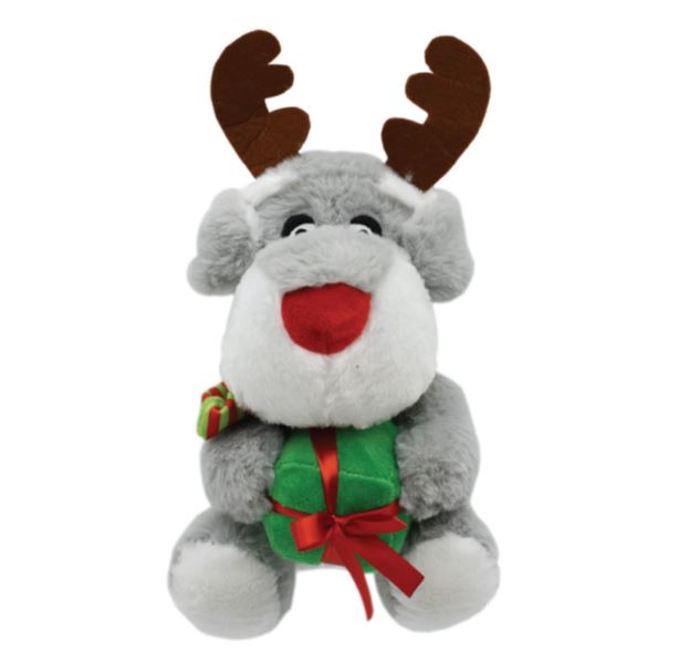 Adorable grey dog Snuggle Pals Christmas Holiday plush comforting dog toy with reindeer antlers and festive charm.