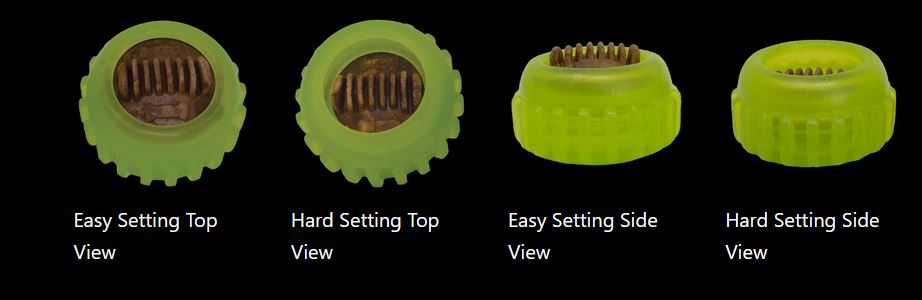 Illustration showing the two levels of difficulty for Starmark Everlasting Treat Sprocket, with options for Dental Ridges or the original domed treat.