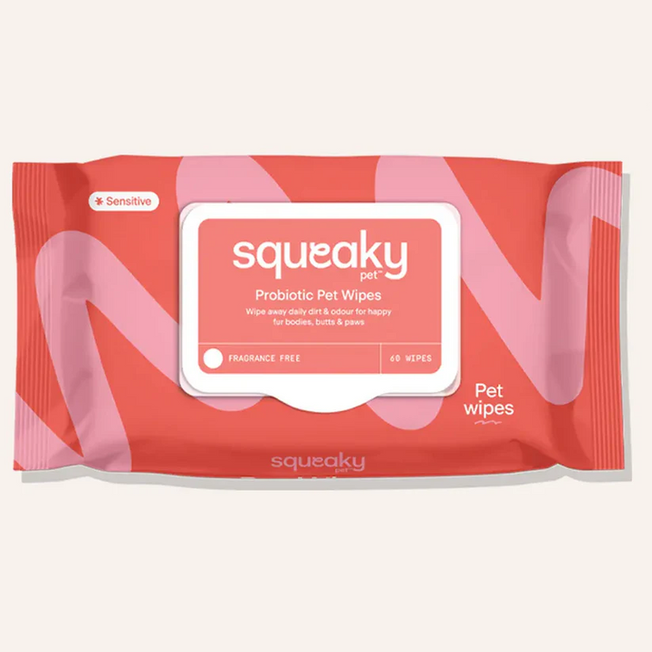 Squeaky Probiotic Pet Wipes - Sensitive packaging, featuring a clean, fresh design with highlighted probiotic benefits.