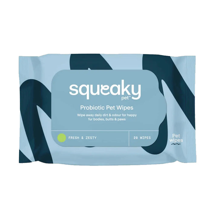 Front view of Squeaky Scented Probiotic Pet Wipes pack, showing fresh and zesty scent label