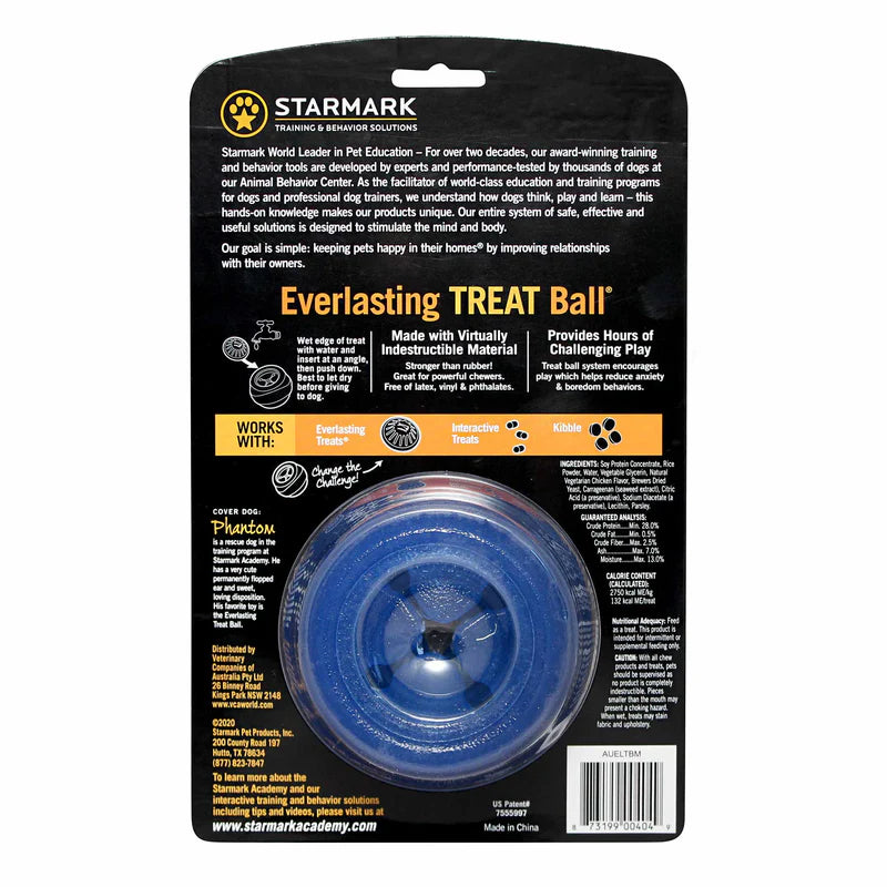 Back view of Starmark Everlasting Treat Ball package, displaying product information and usage instructions.