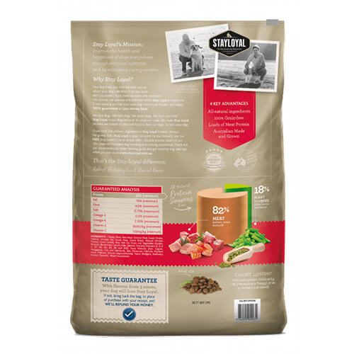 Back view of Stay Loyal's Holistic Meat Blend dog food bag featuring product details and ingredients.