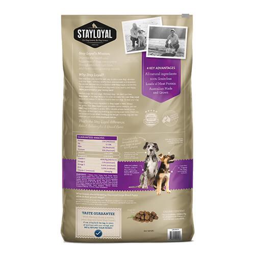 Stay Loyal Large Breed Puppy Food - Grain Free Nutrition for Optimal Growth - Australian Made - Back of Bag